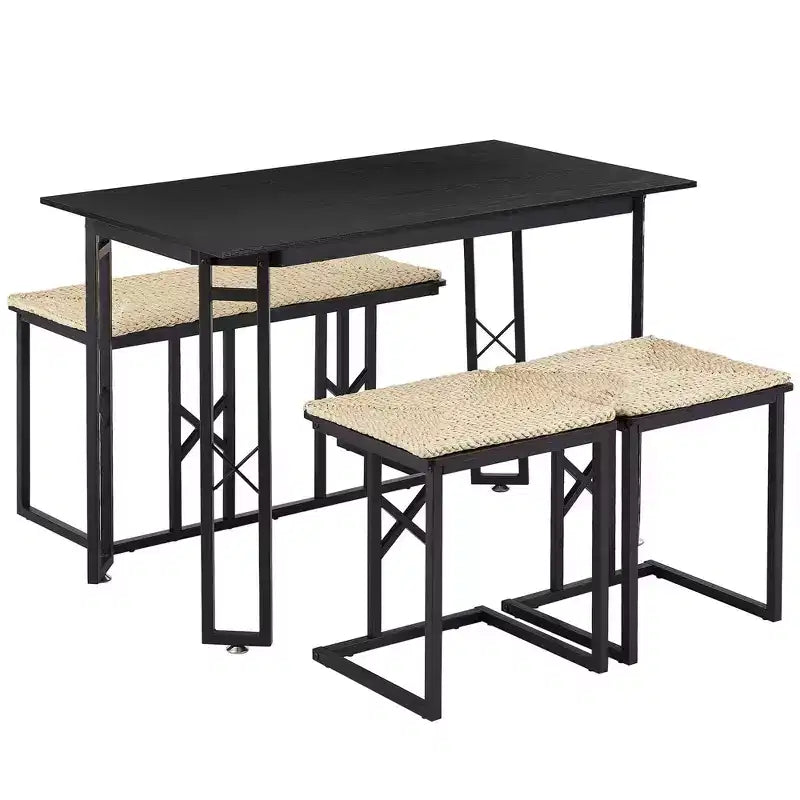 Ensembles de salle de ferme VECELO pour 4 personnes avec 3 bancs Coussins en osier tressé, Table pour cuisine/salle à manger, 110 cm