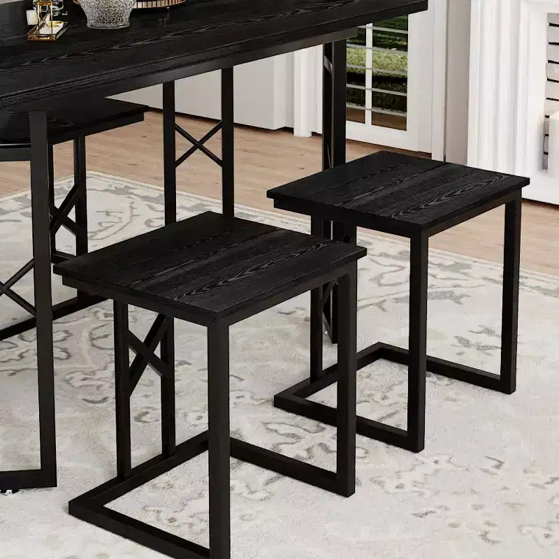 Ensembles de salle de ferme VECELO pour 4 personnes avec 3 bancs Coussins en osier tressé, Table pour cuisine/salle à manger, 110 cm