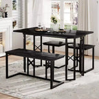 VECELO Farmhouse Room Sets for 4 with 3 Benches Wicker-Knot Cushions, Table for Home Kitchen Dining, 43.3 in