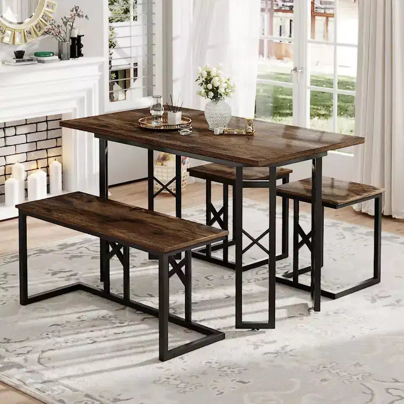 Ensembles de salle de ferme VECELO pour 4 personnes avec 3 bancs Coussins en osier tressé, Table pour cuisine/salle à manger, 110 cm