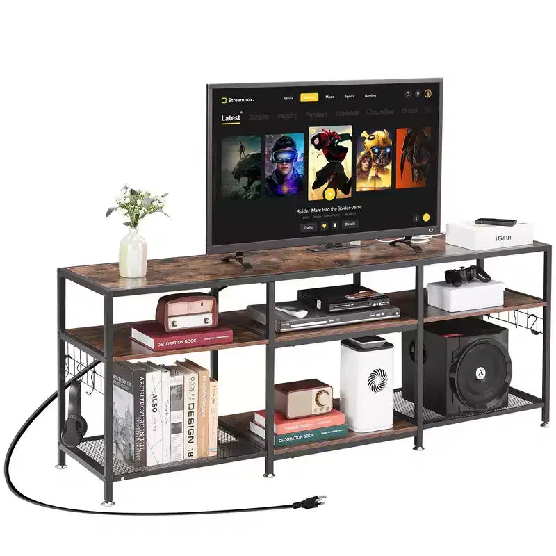 VECELO TV Stand with Power Outlets, Industrial Entertainment Center with 3-Tier Open Storage Shelves, 63 Inch