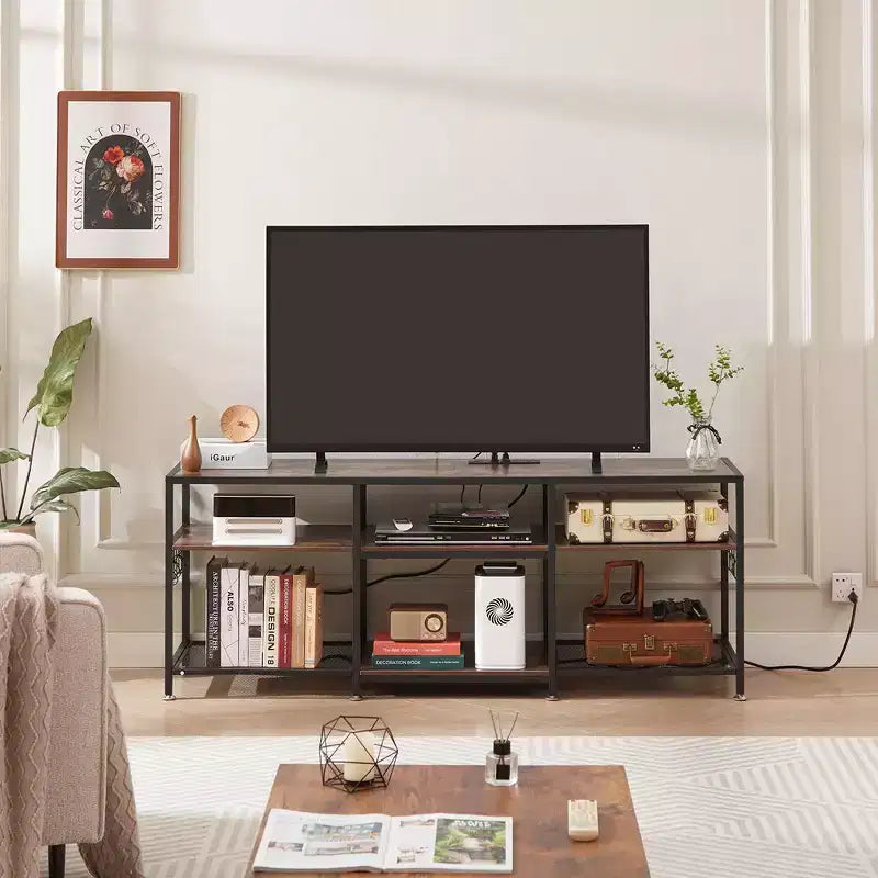 Meuble TV VECELO avec prises de courant, centre de divertissement industriel avec étagères de rangement ouvertes à 3 niveaux, 63 pouces