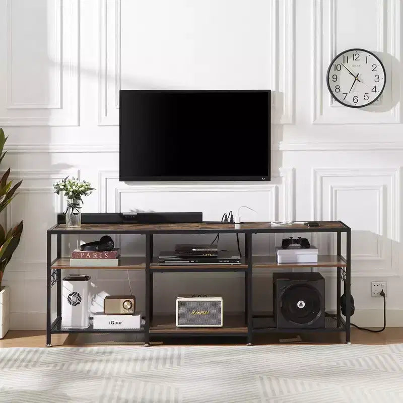 Meuble TV VECELO avec prises de courant, centre de divertissement industriel avec étagères de rangement ouvertes à 3 niveaux, 63 pouces