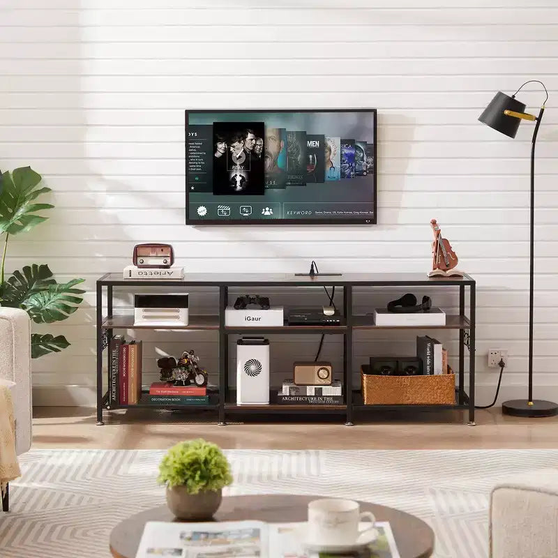 Meuble TV VECELO avec prises de courant, centre de divertissement industriel avec étagères de rangement ouvertes à 3 niveaux, 63 pouces