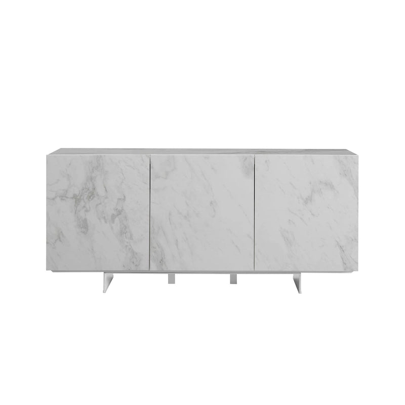 59"W White Marbled Ceramic Buffet Server, 3 Soft-Close Doors, Commercial-Grade, 3 Colors