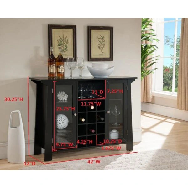 42"L Black Wood Wine Cabinet, 12-Bottle Rack, 2 Side Cabinets, Contemporary Style