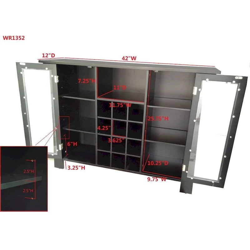 42"L Black Wood Wine Cabinet, 12-Bottle Rack, 2 Side Cabinets, Contemporary Style