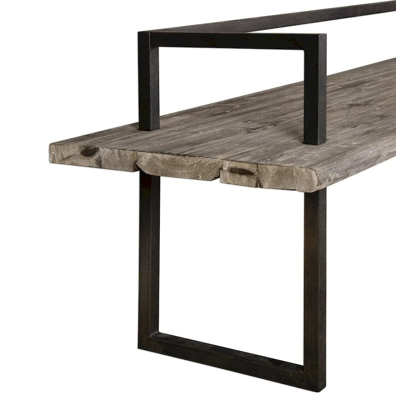 Banc en bois de sapin de récupération rustique de 203 cm, patine blanc antique, cadre en fer noir vieilli