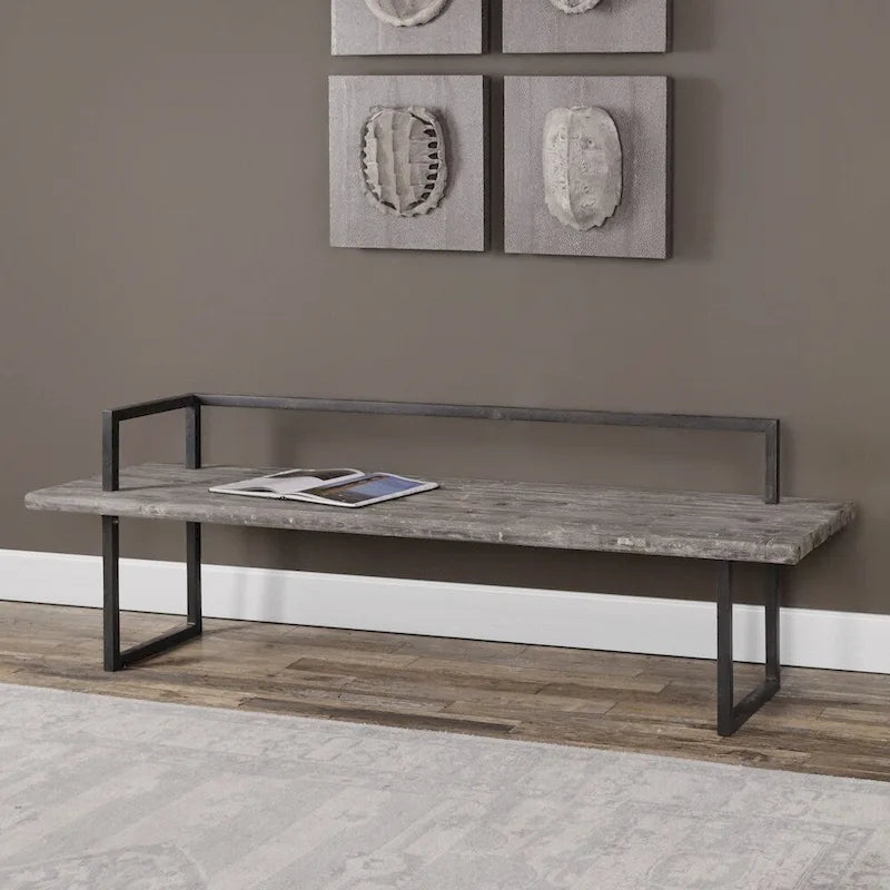 Banc en bois de sapin de récupération rustique de 203 cm, patine blanc antique, cadre en fer noir vieilli