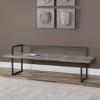 Banc en bois de sapin de récupération rustique de 203 cm, patine blanc antique, cadre en fer noir vieilli