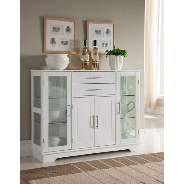 42"L White Kitchen Storage Cabinet, 2 Glass Doors, 2 Drawers & Adjustable Shelves