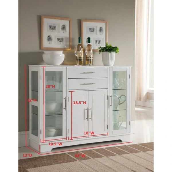 42"L White Kitchen Storage Cabinet, 2 Glass Doors, 2 Drawers & Adjustable Shelves