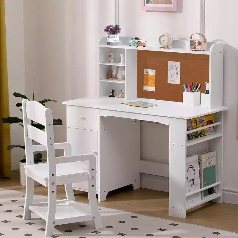 Study Desk and Chair Set - Kids Study Desk, Features Bookshelf, Bulletin Board, and Cabinets, for Boys and Girls Ages 3-8, White