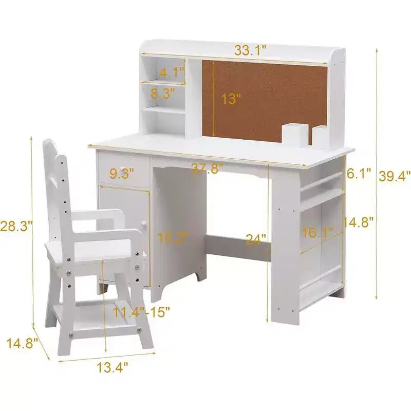 Ensemble bureau et chaise d'étude - Bureau d'étude pour enfants, avec étagère à livres, tableau d'affichage et armoires, pour garçons et filles âgés de 3 à 8 ans, blanc