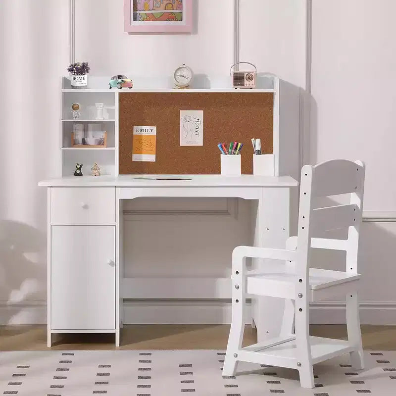 Ensemble bureau et chaise d'étude - Bureau d'étude pour enfants, avec étagère à livres, tableau d'affichage et armoires, pour garçons et filles âgés de 3 à 8 ans, blanc