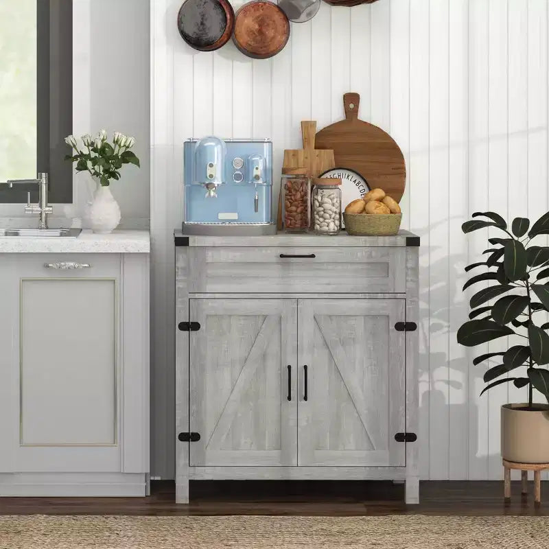 Buffet HOMCOM avec tiroir de rangement, meuble de cuisine moderne de style ferme avec 2 portes de grange, meuble de bar à café