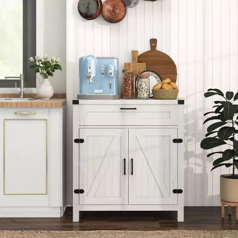 Buffet HOMCOM avec tiroir de rangement, meuble de cuisine moderne de style ferme avec 2 portes de grange, meuble de bar à café