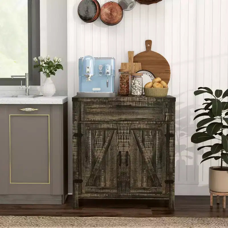 Buffet HOMCOM avec tiroir de rangement, meuble de cuisine moderne de style ferme avec 2 portes de grange, meuble de bar à café