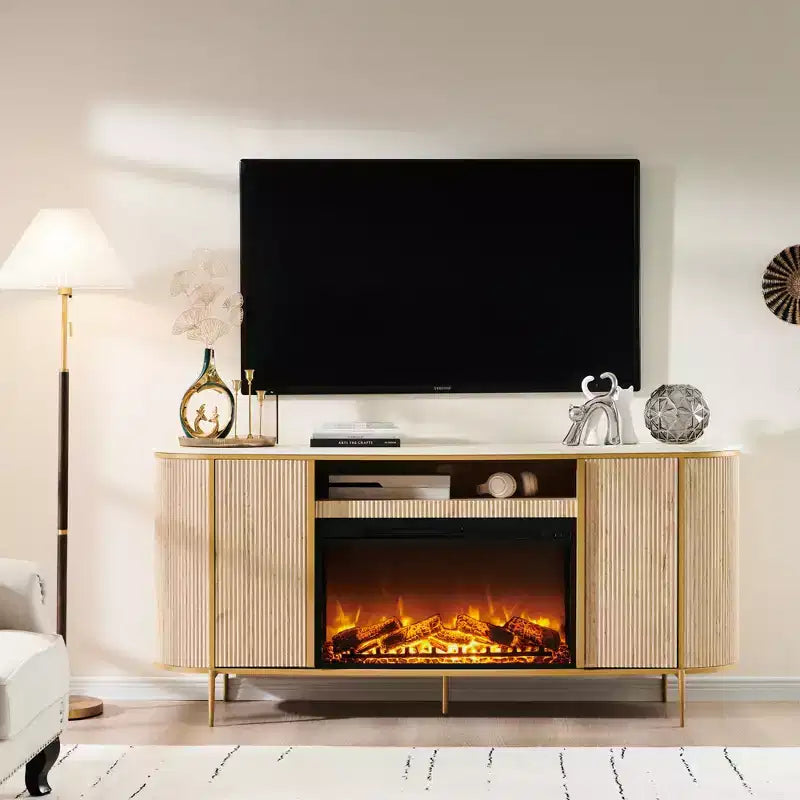 70 Fireplace TV Stand with Faux Marble Top & Fluted Panel Design, Modern Media Console for TVs Up to 80