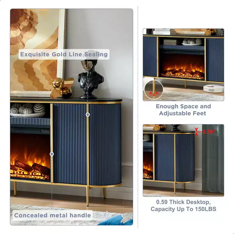 Meuble TV de 70 pouces avec cheminée, plateau en faux marbre et panneaux cannelés, console multimédia moderne pour téléviseurs jusqu'à 80 pouces