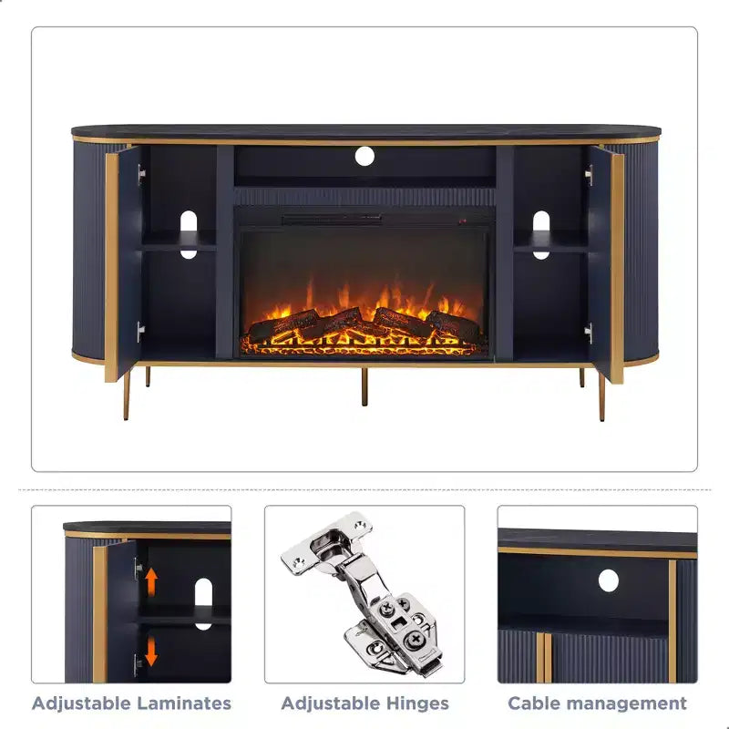 Meuble TV de 70 pouces avec cheminée, plateau en faux marbre et panneaux cannelés, console multimédia moderne pour téléviseurs jusqu'à 80 pouces