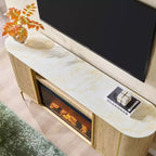 Meuble TV de 70 pouces avec cheminée, plateau en faux marbre et panneaux cannelés, console multimédia moderne pour téléviseurs jusqu'à 80 pouces