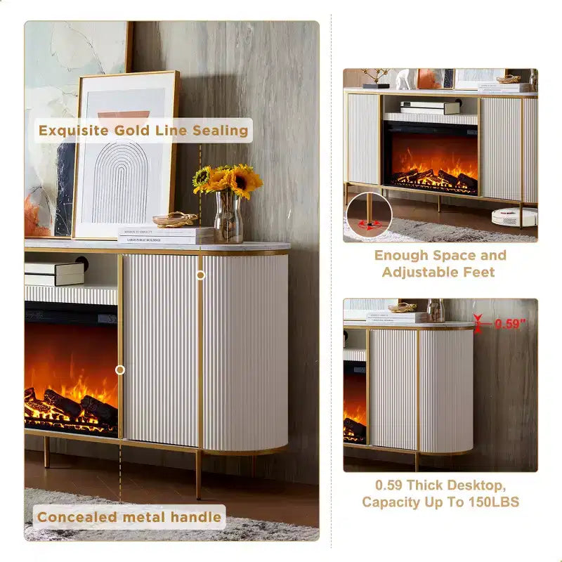 Meuble TV de 70 pouces avec cheminée, plateau en faux marbre et panneaux cannelés, console multimédia moderne pour téléviseurs jusqu'à 80 pouces