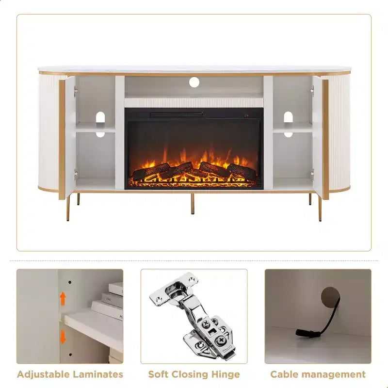Meuble TV de 70 pouces avec cheminée, plateau en faux marbre et panneaux cannelés, console multimédia moderne pour téléviseurs jusqu'à 80 pouces