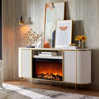 Meuble TV de 70 pouces avec cheminée, plateau en faux marbre et panneaux cannelés, console multimédia moderne pour téléviseurs jusqu'à 80 pouces