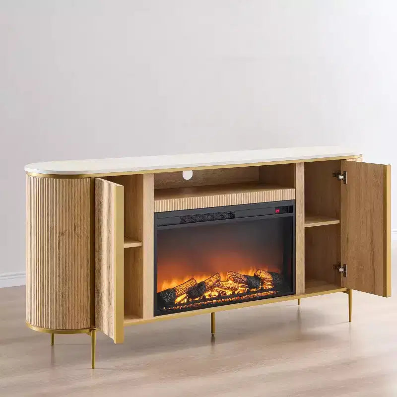 Meuble TV de 70 pouces avec cheminée, plateau en faux marbre et panneaux cannelés, console multimédia moderne pour téléviseurs jusqu'à 80 pouces