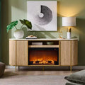 Meuble TV de 70 pouces avec cheminée, plateau en faux marbre et panneaux cannelés, console multimédia moderne pour téléviseurs jusqu'à 80 pouces