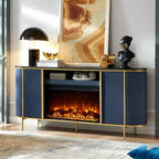 Meuble TV de 70 pouces avec cheminée, plateau en faux marbre et panneaux cannelés, console multimédia moderne pour téléviseurs jusqu'à 80 pouces