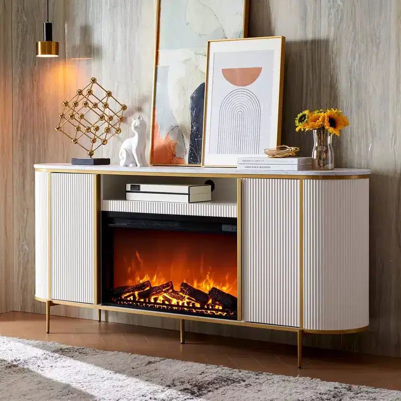 Meuble TV de 70 pouces avec cheminée, plateau en faux marbre et panneaux cannelés, console multimédia moderne pour téléviseurs jusqu'à 80 pouces