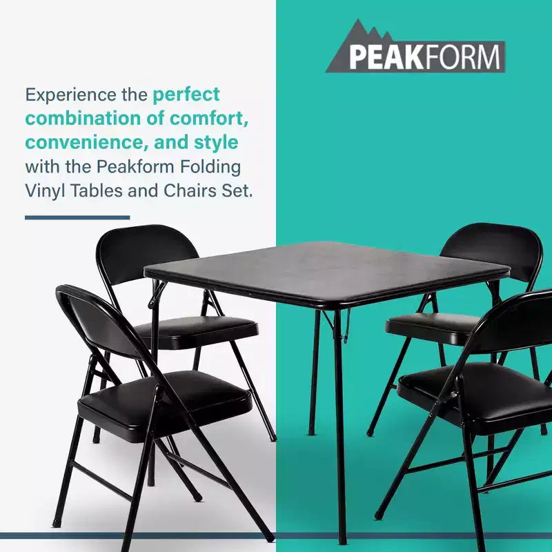 Peakform Ensemble de 5 Tables et Chaises Pliantes en Vinyle avec Nettoyage et Rangement Faciles pour la Maison, les Espaces Intérieurs et le Bureau, Noir