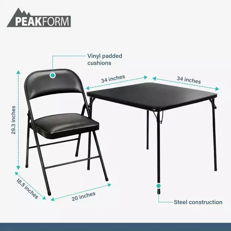 Peakform Ensemble de 5 Tables et Chaises Pliantes en Vinyle avec Nettoyage et Rangement Faciles pour la Maison, les Espaces Intérieurs et le Bureau, Noir