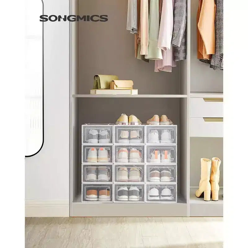 SONGMICS Boîtes à Chaussures, Lot de 12 Organiseurs de Rangement pour Chaussures, Boîtes en Plastique Transparent Empilables 23 x 33,3 x 14,3 cm, Conviennent jusqu'à la Pointure 45 (EU)