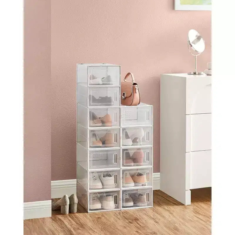 SONGMICS Boîtes à Chaussures, Lot de 12 Organiseurs de Rangement pour Chaussures, Boîtes en Plastique Transparent Empilables 23 x 33,3 x 14,3 cm, Conviennent jusqu'à la Pointure 45 (EU)