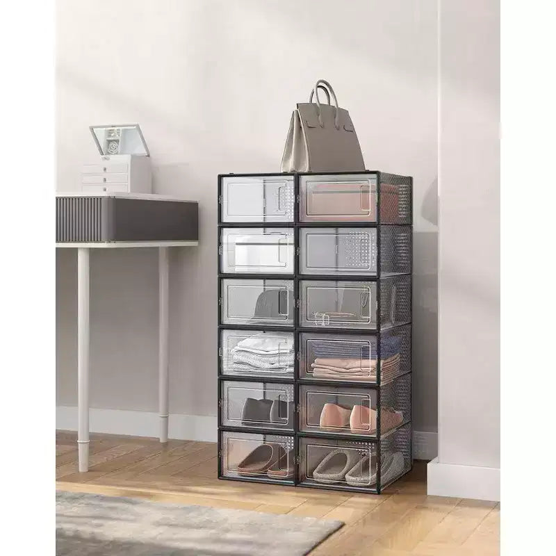 SONGMICS Boîtes à Chaussures, Lot de 12 Organiseurs de Rangement pour Chaussures, Boîtes en Plastique Transparent Empilables 23 x 33,3 x 14,3 cm, Conviennent jusqu'à la Pointure 45 (EU)
