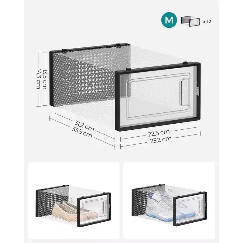 SONGMICS Boîtes à Chaussures, Lot de 12 Organiseurs de Rangement pour Chaussures, Boîtes en Plastique Transparent Empilables 23 x 33,3 x 14,3 cm, Conviennent jusqu'à la Pointure 45 (EU)