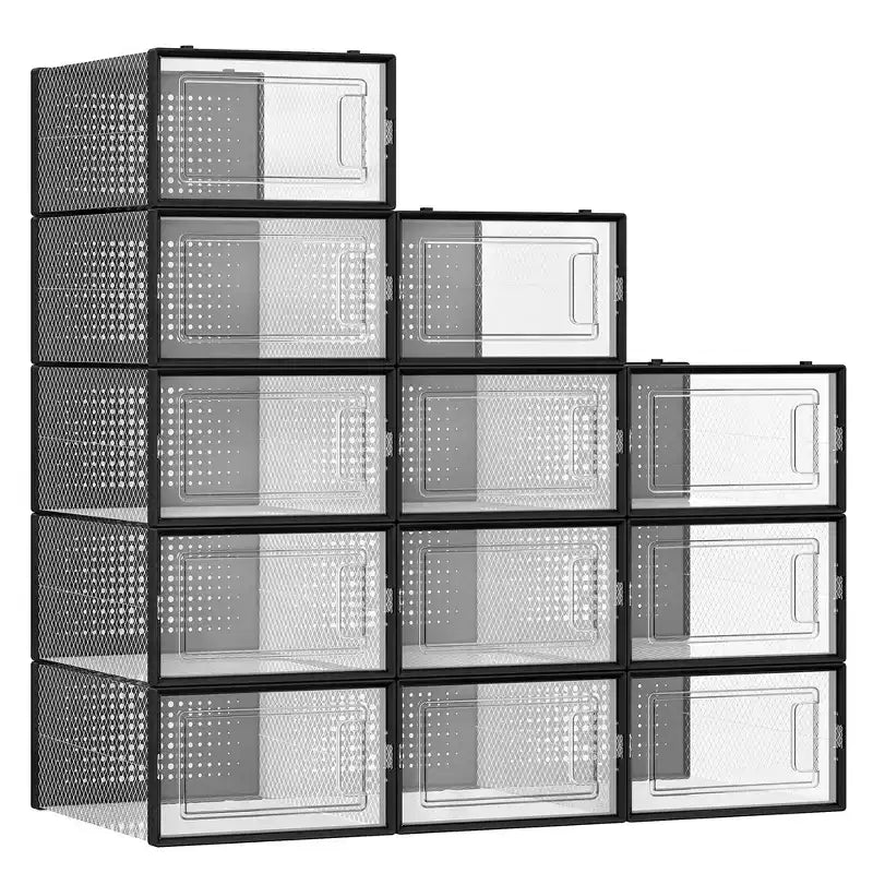 SONGMICS Shoe Boxes, Pack of 12 Shoe Storage Organizers, Stackable Clear Plastic Boxes 9.1 x 13.1 x 5.6 Inches, Fit up to US Size 11