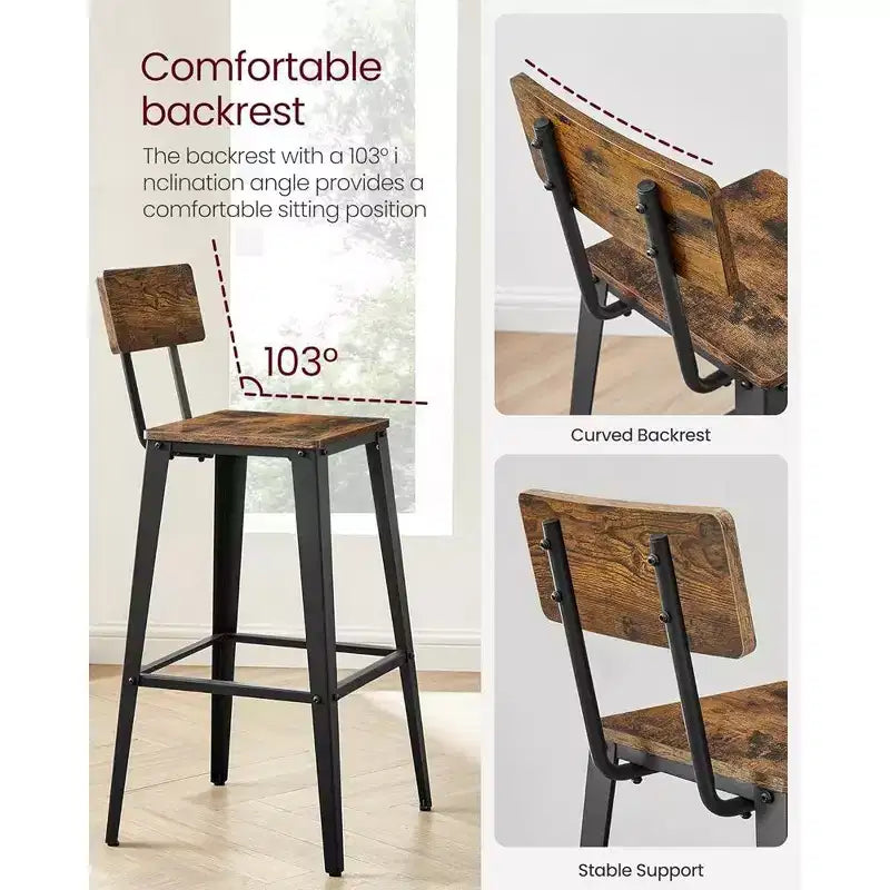 VASAGLE Lot de 2 tabourets de bar, hauteur de bar, avec dossier, chaises de bar, structure en acier, style industriel