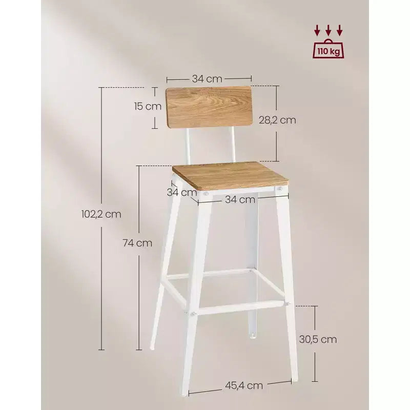 VASAGLE Lot de 2 tabourets de bar, hauteur de bar, avec dossier, chaises de bar, structure en acier, style industriel