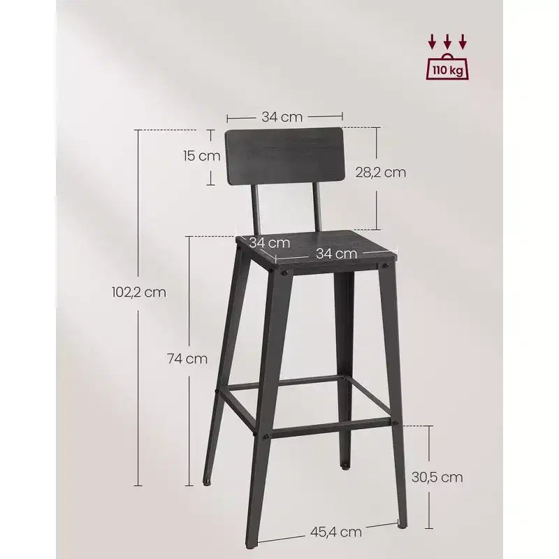 VASAGLE Lot de 2 tabourets de bar, hauteur de bar, avec dossier, chaises de bar, structure en acier, style industriel