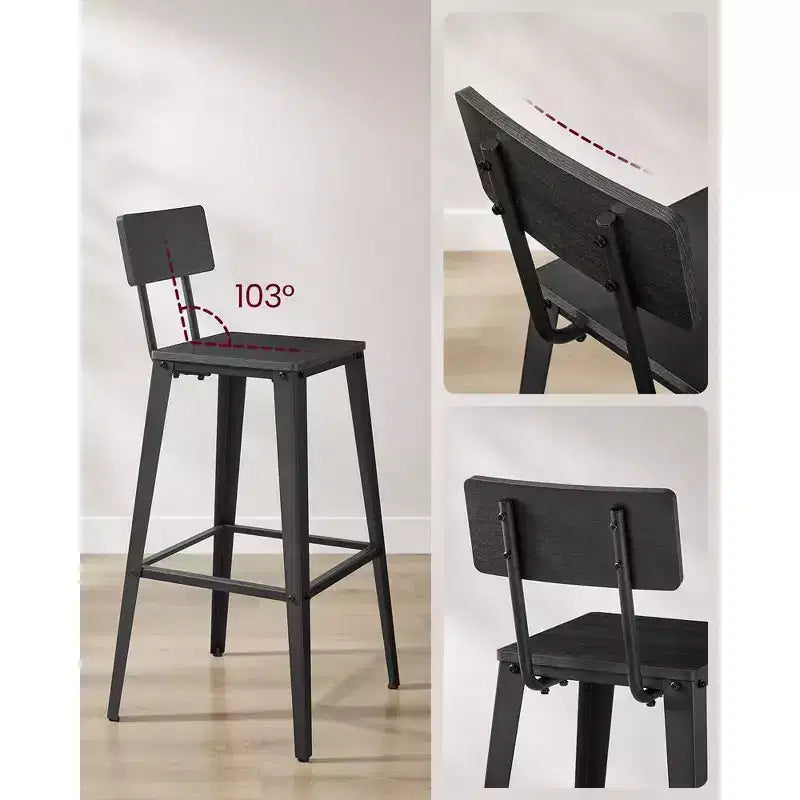 VASAGLE Lot de 2 tabourets de bar, hauteur de bar, avec dossier, chaises de bar, structure en acier, style industriel