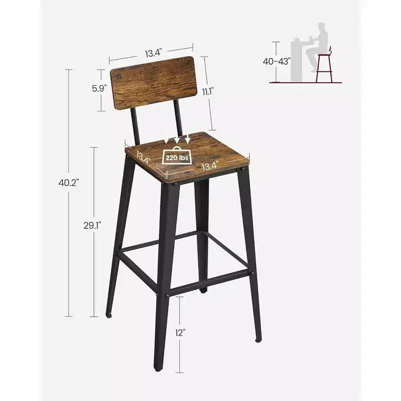 VASAGLE Lot de 2 tabourets de bar, hauteur de bar, avec dossier, chaises de bar, structure en acier, style industriel