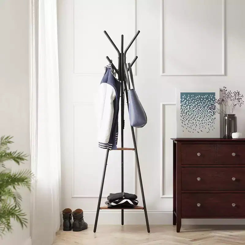 VASAGLE Portemanteau sur pied, Porte-manteau, Arbre d'entrée avec 2 étagères, pour vêtements, chapeaux, sacs, style industriel
