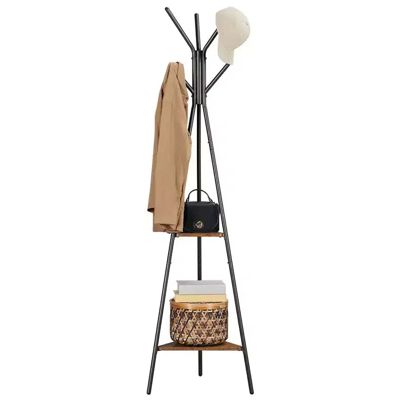 VASAGLE Portemanteau sur pied, Porte-manteau, Arbre d'entrée avec 2 étagères, pour vêtements, chapeaux, sacs, style industriel