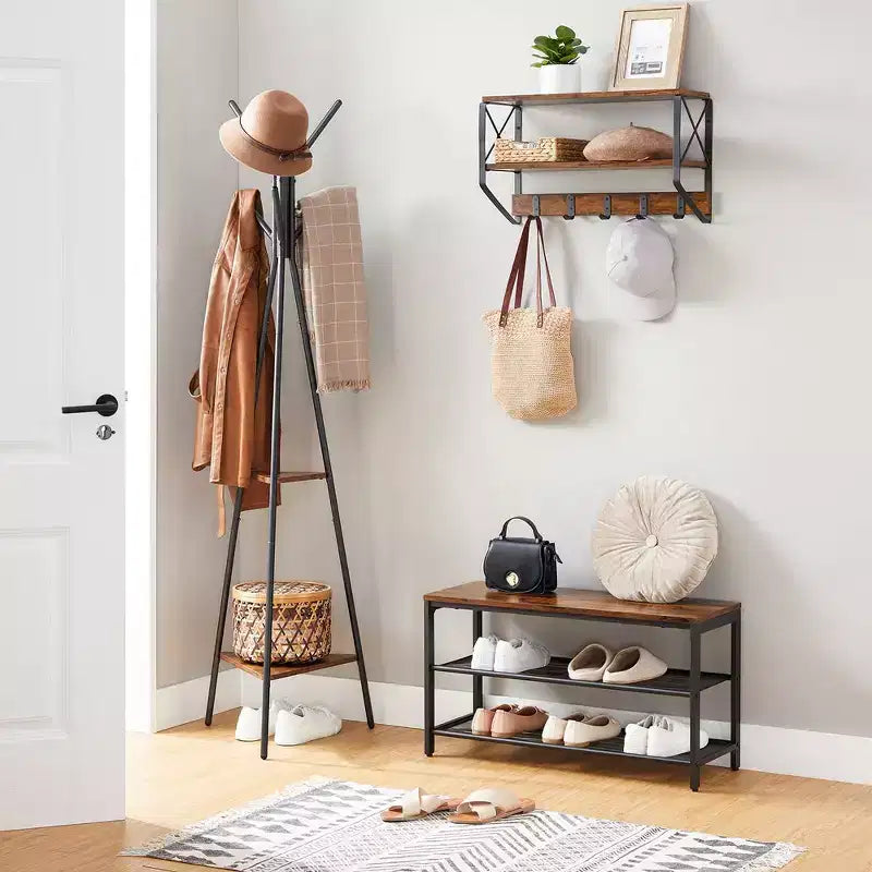 VASAGLE Portemanteau sur pied, Porte-manteau, Arbre d'entrée avec 2 étagères, pour vêtements, chapeaux, sacs, style industriel