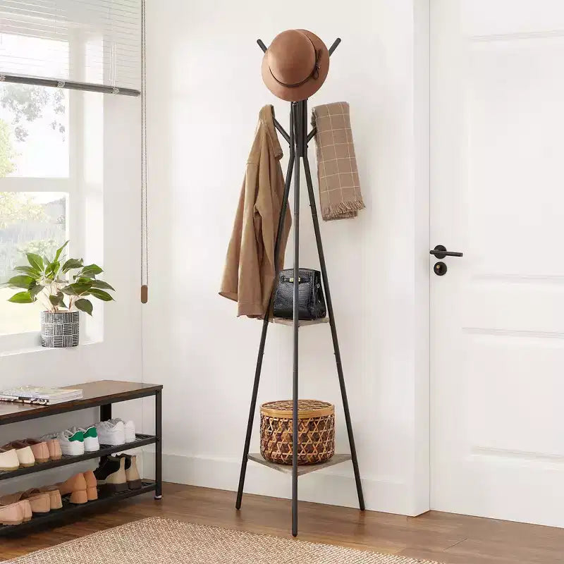 VASAGLE Portemanteau sur pied, Porte-manteau, Arbre d'entrée avec 2 étagères, pour vêtements, chapeaux, sacs, style industriel
