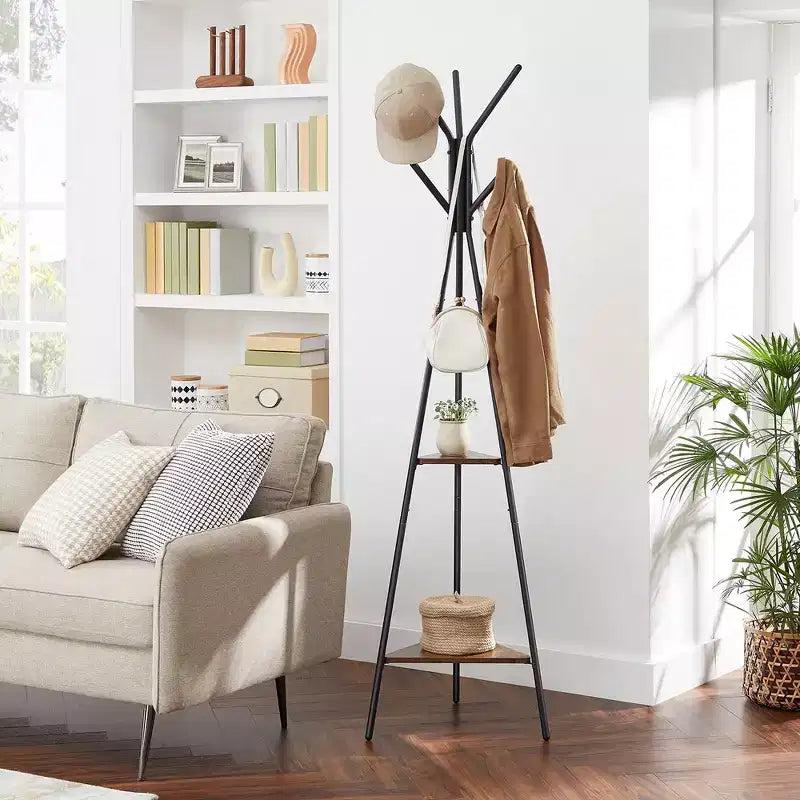 VASAGLE Portemanteau sur pied, Porte-manteau, Arbre d'entrée avec 2 étagères, pour vêtements, chapeaux, sacs, style industriel